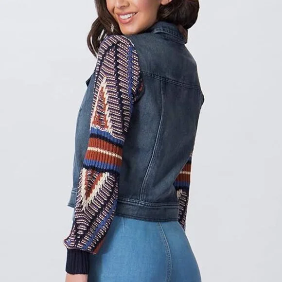 Flying Tomato Size Medium Boho Sweater Sleeve Denim Jacket - Picture 2 of 10